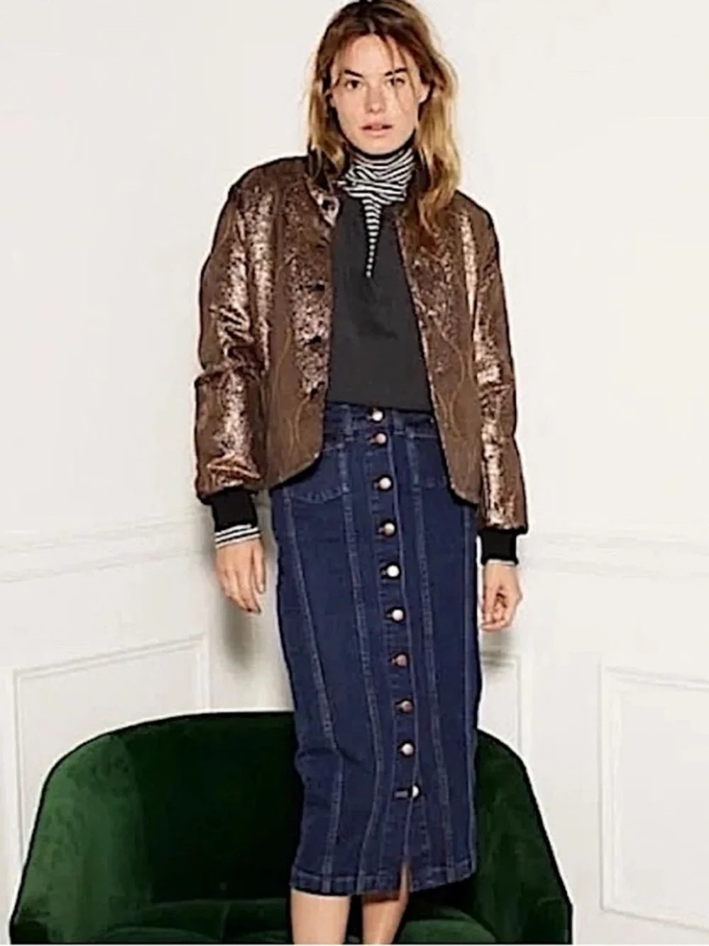 Madewell Metallic Gold Quilted Military Bomber Jacket H1293 Rare Sample Small